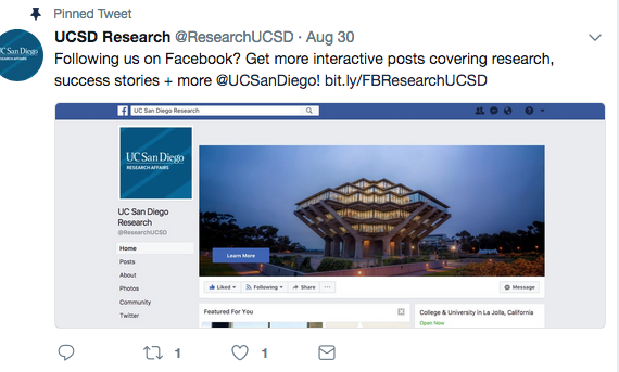 Screenshot of a @ResearchUCSD's Tweet about their Facebook page