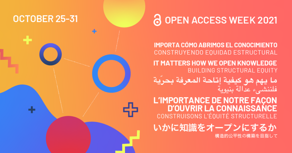 Colorful image with the text "October 25-31, Open Access Week 2021," Then "It matters how we build open knowledge" in several languages