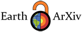 EarthArXiv logo, open padlock with the circular part of the padlock as half globe, half concentric circles of red orange and yellow representing layers of the earth's interior