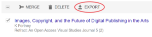 Screenshot of the top of a Google Scholar publication list, with "Export" circled