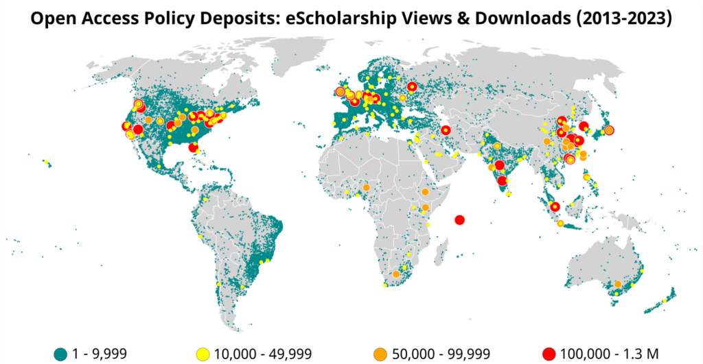 World map showing views and downloads of OA policy deposits from 2013-2023. Articles have been accessed from every country in the world; North America, Europe, South Asia, and East Asia show the highest density of use.
