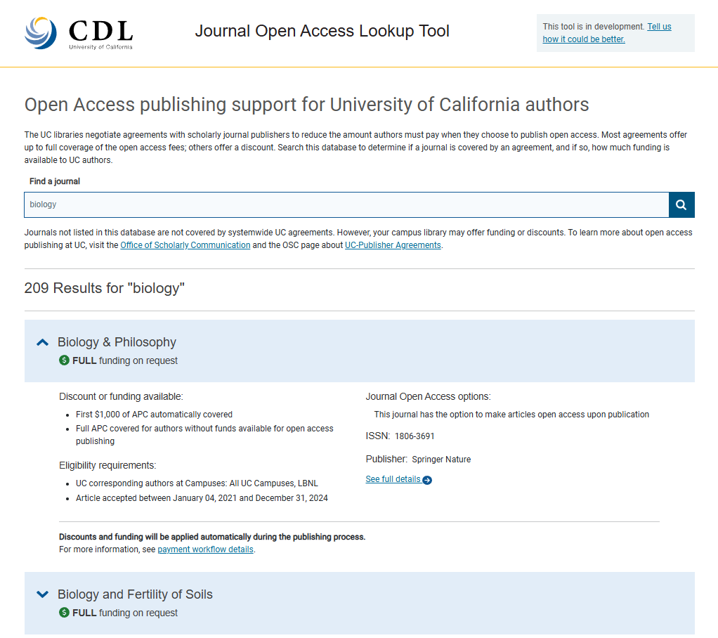 Screenshot of sample search results from the journal look-up tool showing details for two journals covered by UC's open access agreements