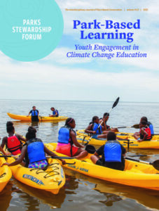 Cover of an issue of Parks Stewardship Forum, Summer camp participants on a guided kayaking tour, with the issue title "Park-Based Learning: Youth Engagement in Climate Change Education"