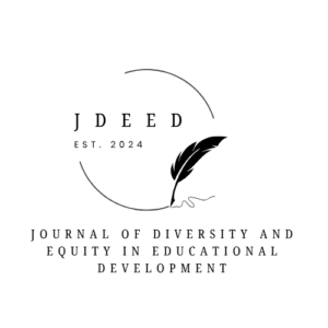 Logo for the Journal of Diversity and Equity in Educational Development, featuring a quill pen, a circle, and the note "Est. 2024"